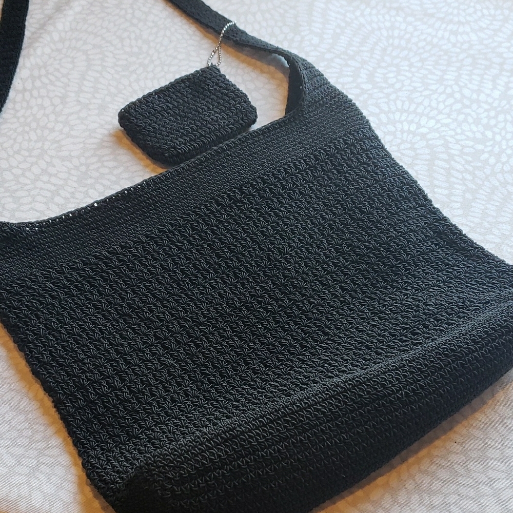 Black Crochet Shoulder Bag with Coin Purse